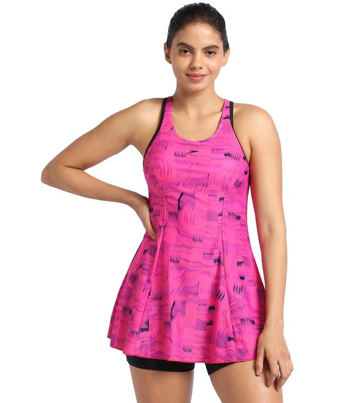 Speedo Women's Endurance Printed Racerback Swimdress With Boyleg -Black & Wineberry